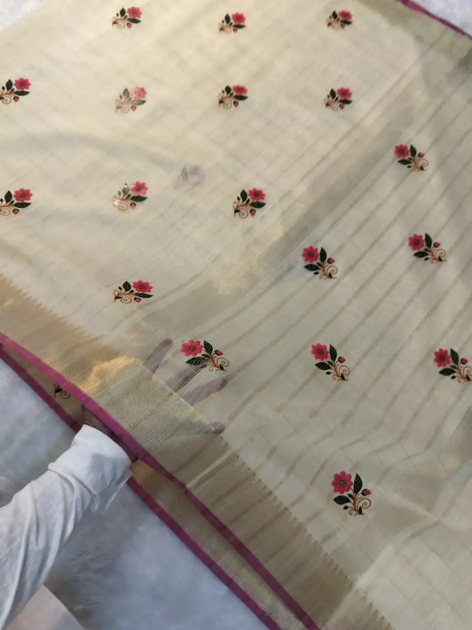 Off-White and Pink Floral Printed Check Cotton Saree